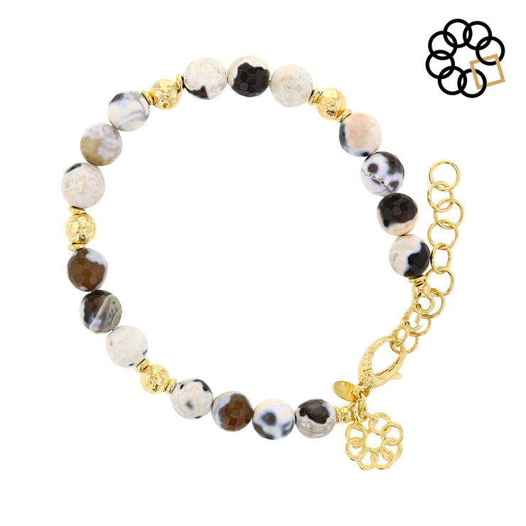 BLACK AND WHITE EGG AGATE STERLING SILVER GOLD PLATED EMBRACE THE DIFFERENCE® BRACELET MADE IN ITALY