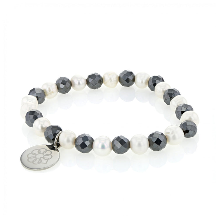 EMBRACE THE DIFFERENCE® STRETCH BRACELET - FRESH WATER PEARL AND FACETED HEMATITE BEADs