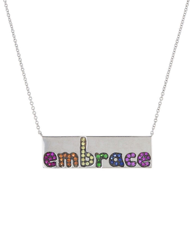 EMBRACE THE DIFFERENCE® 14K WHITE GOLD 'EMBRACE' BAR PENDANT WITH SAPPHIRES